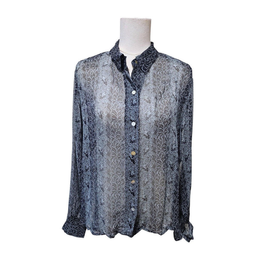 Richard Malcolm Silk Paisley Print Button Down Shirt Sheer Black White XL